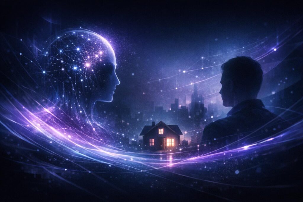 Abstract editorial illustration for Why AI Needs Mortgage Brokers More Than You Think.