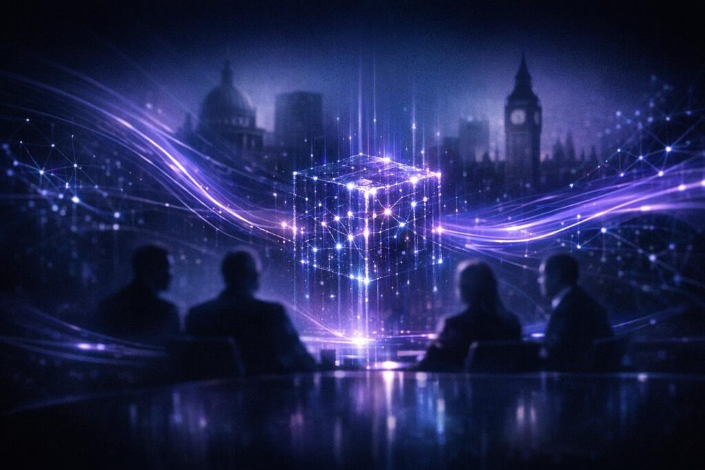 Abstract editorial illustration for Four British banks are helping build an AI model from scratch. That should make you curious..