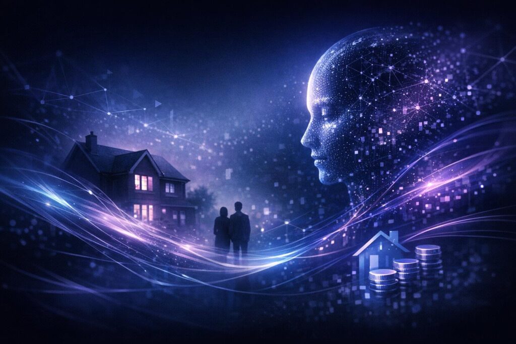 Abstract editorial illustration for AI Mortgage Advice Meets Refinancing Pressure.