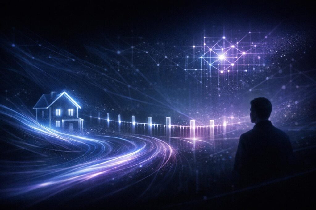 Abstract editorial illustration for AI Mortgage Journeys: Opportunity With Guardrails.
